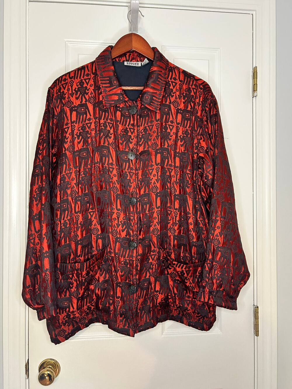 Chico's Design Womens Large Red Black Elephant Jacquard Silk Blend Jacket